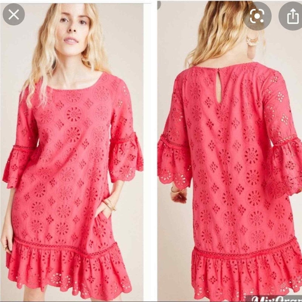 Anthropologie Dani Eyelet Lace Pink Drop Waist Dress Ruffle Bell Sleeve 14